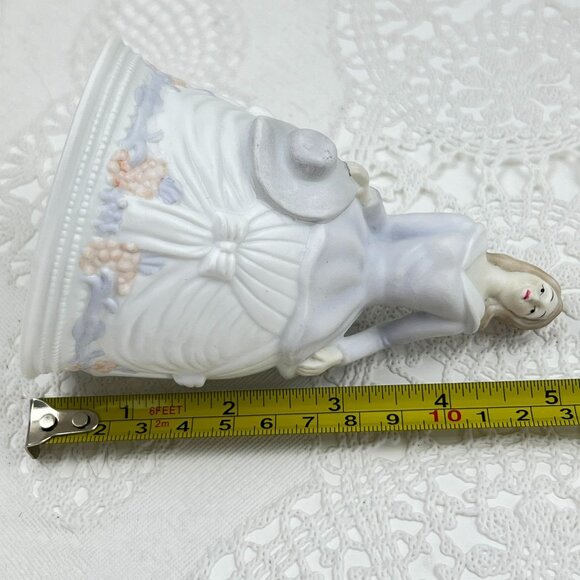Victorian Ceramic Dinner Bell Woman Figurine Hat Bow Dress Floral Cabinet Piece - Picture 8 of 10